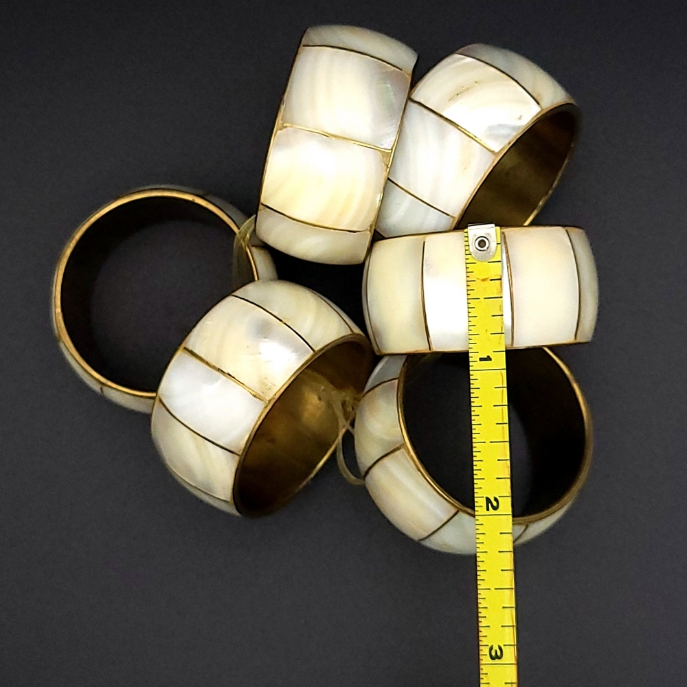 Vintage Brass Mother of Pearl Inlay Retro Dining Napkin Rings Set of 6 - Picture 6 of 6
